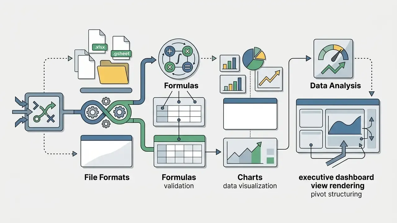 File formats and inputs moving through a mechanical system to generate charts and executive dashboards