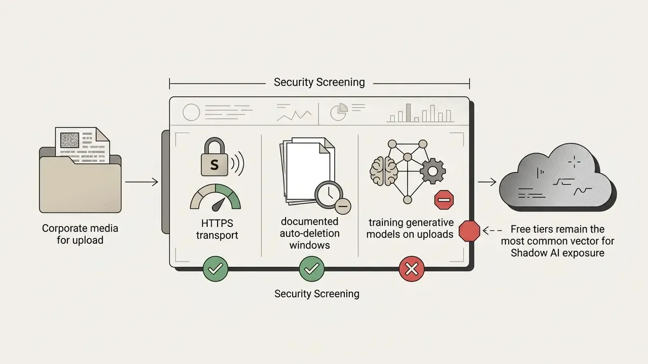 Checklist evaluating security factors for corporate media uploads before using an online video watermark remover