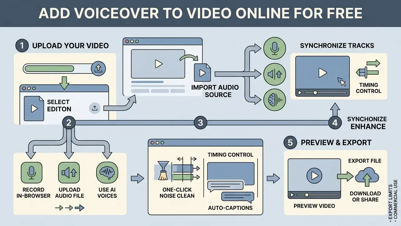 Five step workflow diagram showing how to upload, record or import audio, synchronize, and export video