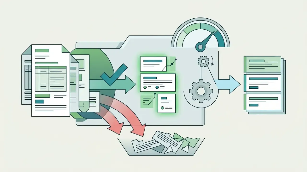 Documents entering a filter that extracts key claims while discarding boilerplate into a waste bin