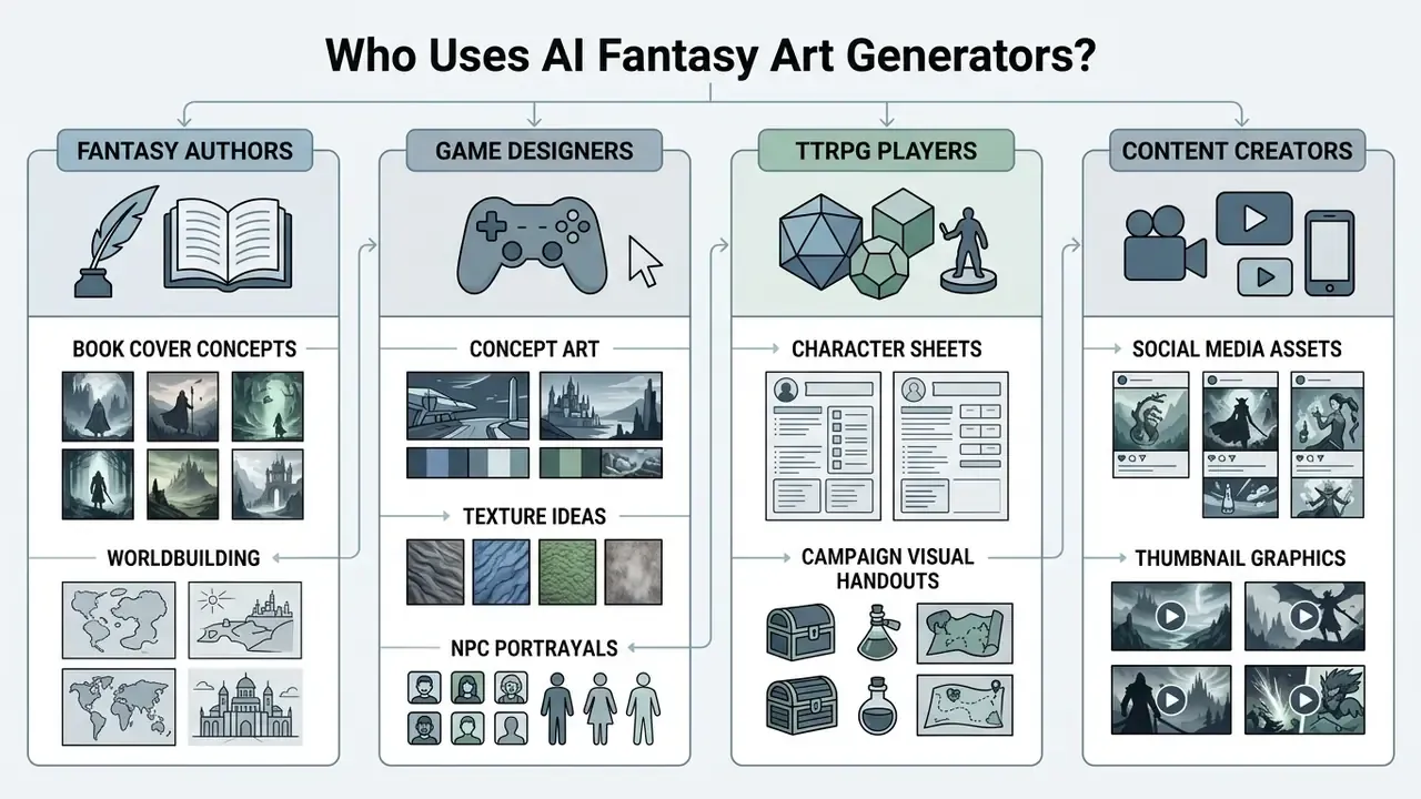 Diagram showing how fantasy authors, game designers, TTRPG players, and content creators use visual tools