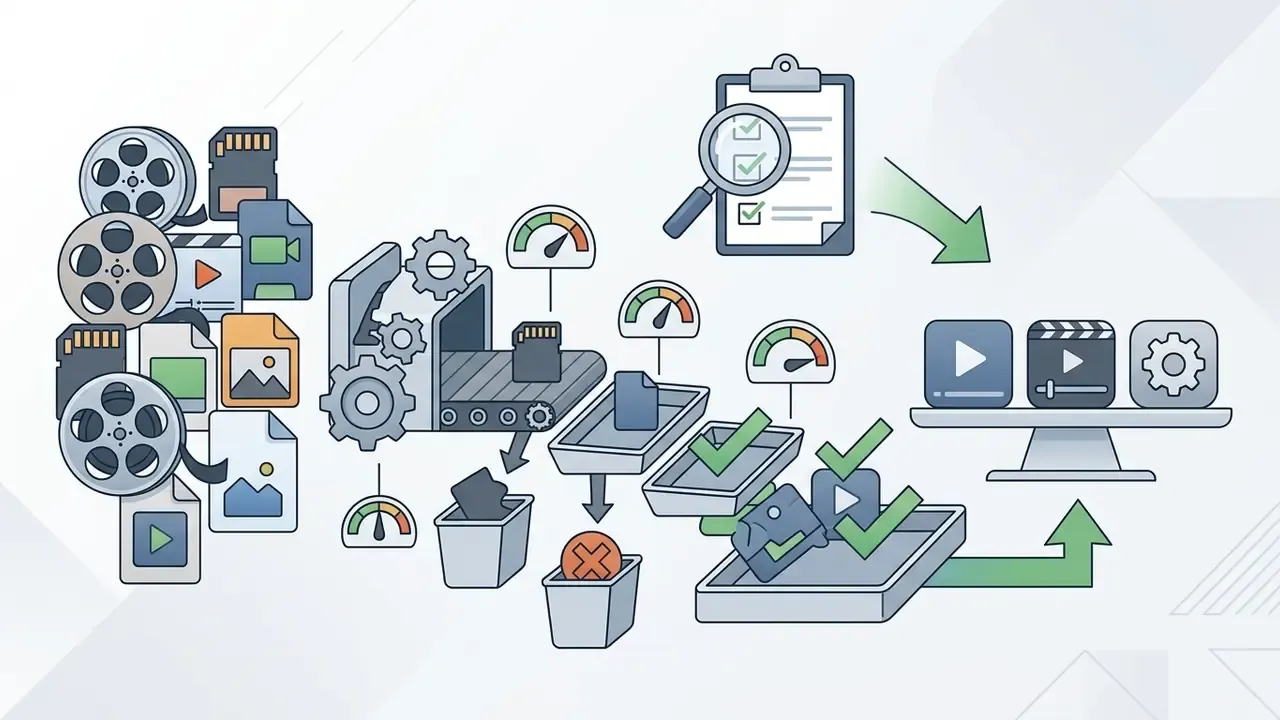 Media files entering a processing machine to be sorted into bins based on performance metrics