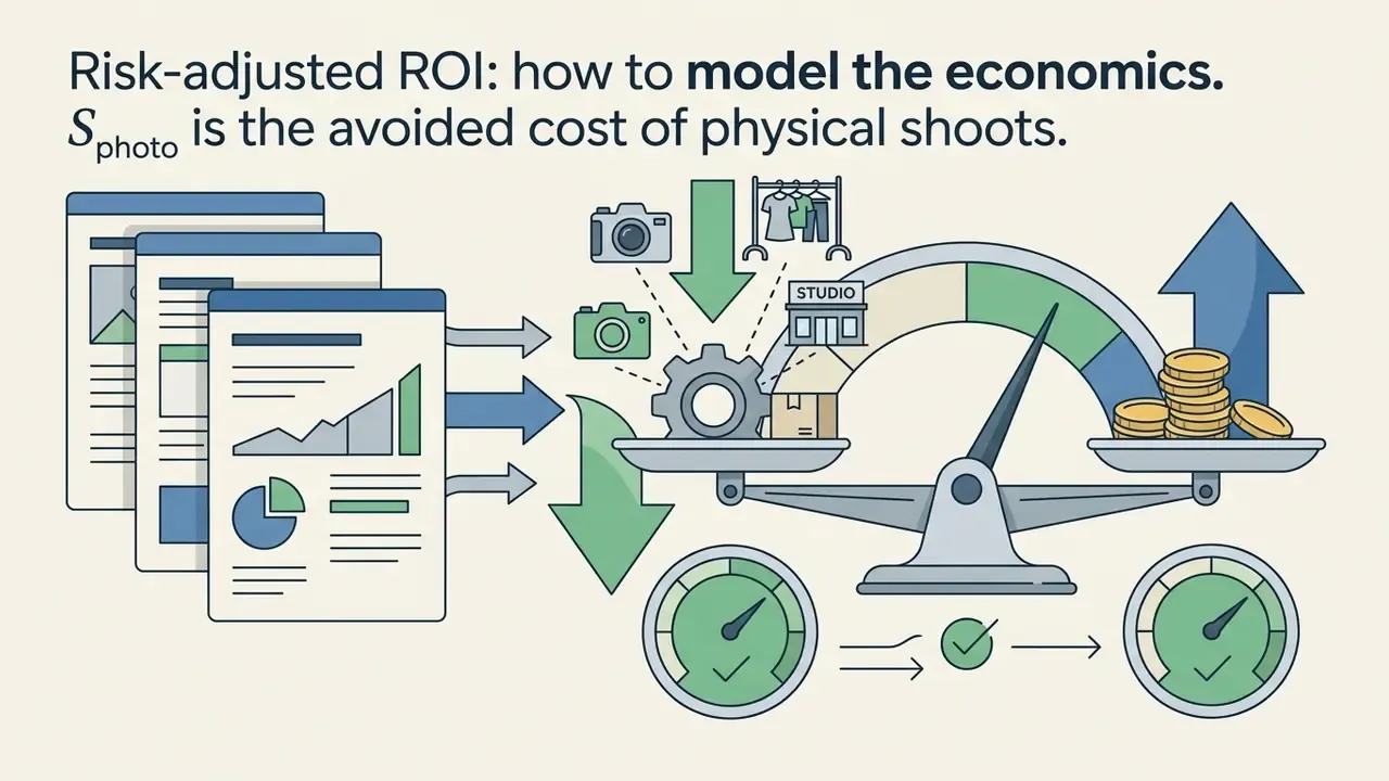 Business documents feeding into a scale that balances physical photography costs against financial gains
