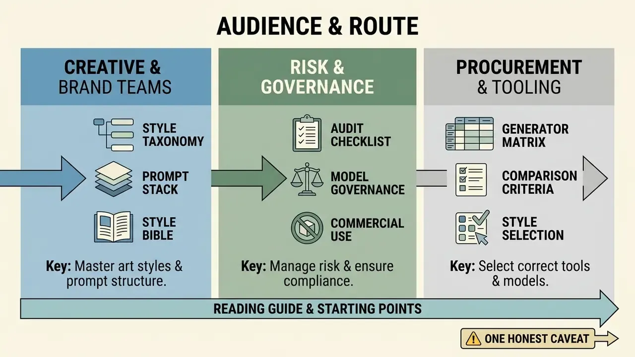 Three columns mapping professional roles to specific AI art styles resources and starting points