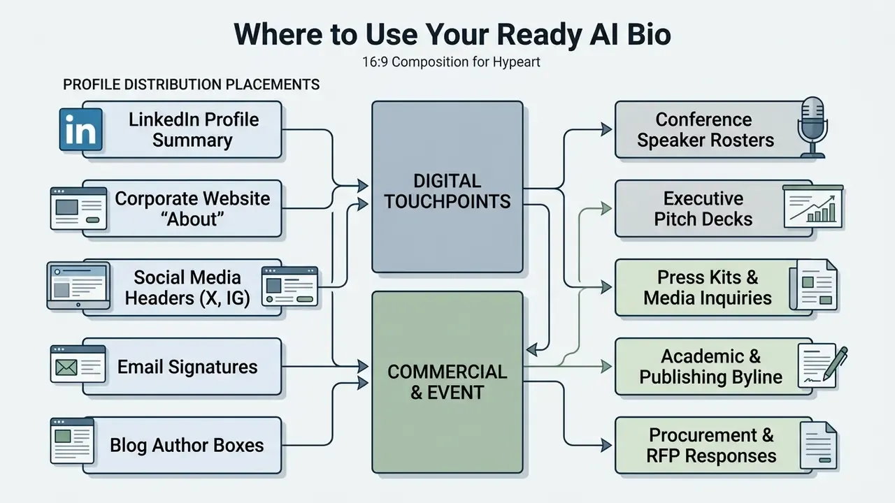 Professional profile distribution channels connecting to digital touchpoints and commercial event platforms