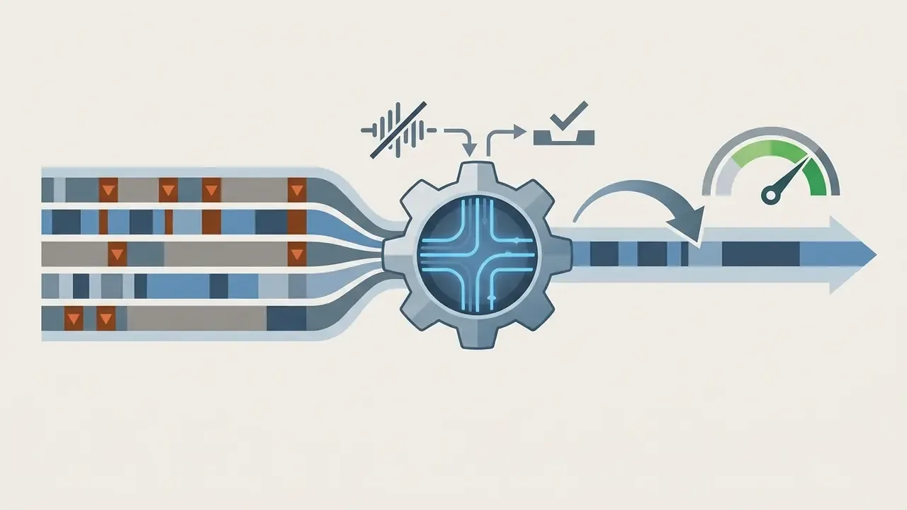 Media tracks flowing into a gear mechanism that removes silence and outputs a condensed video stream