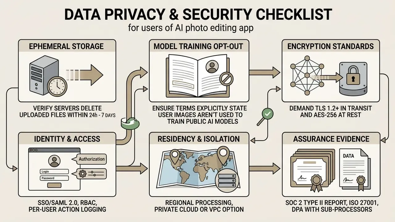 Checklist of six data privacy and security requirements for software users including storage and encryption