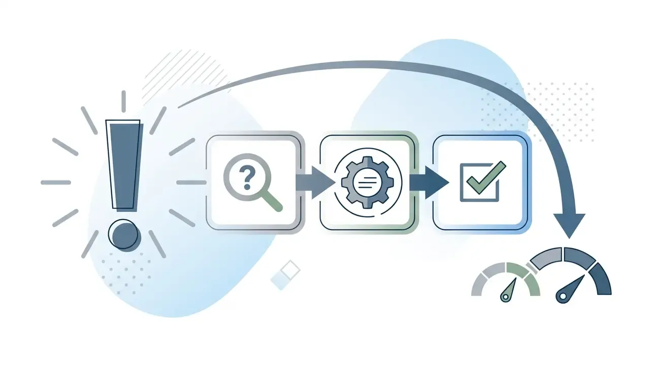 Three sequential icons showing a question mark, a gear, and a checkmark leading to a speedometer gauge