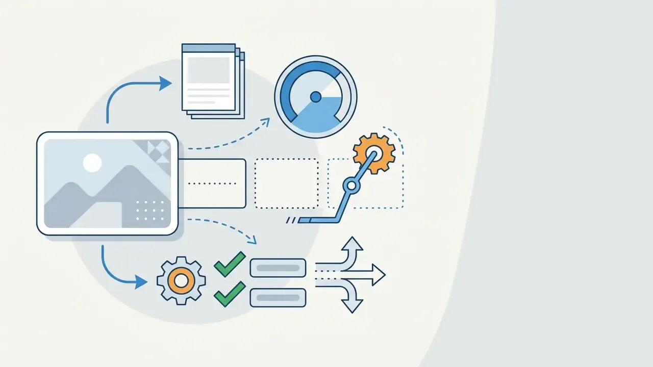 Photo canvas connected by arrows to document icons, a speed gauge, gears, and branching directional paths