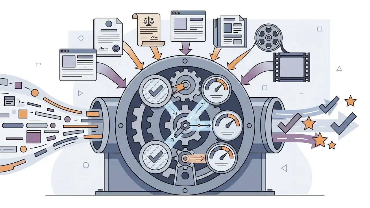 Various documents and media files feeding into a gear processor to output verified content and ratings