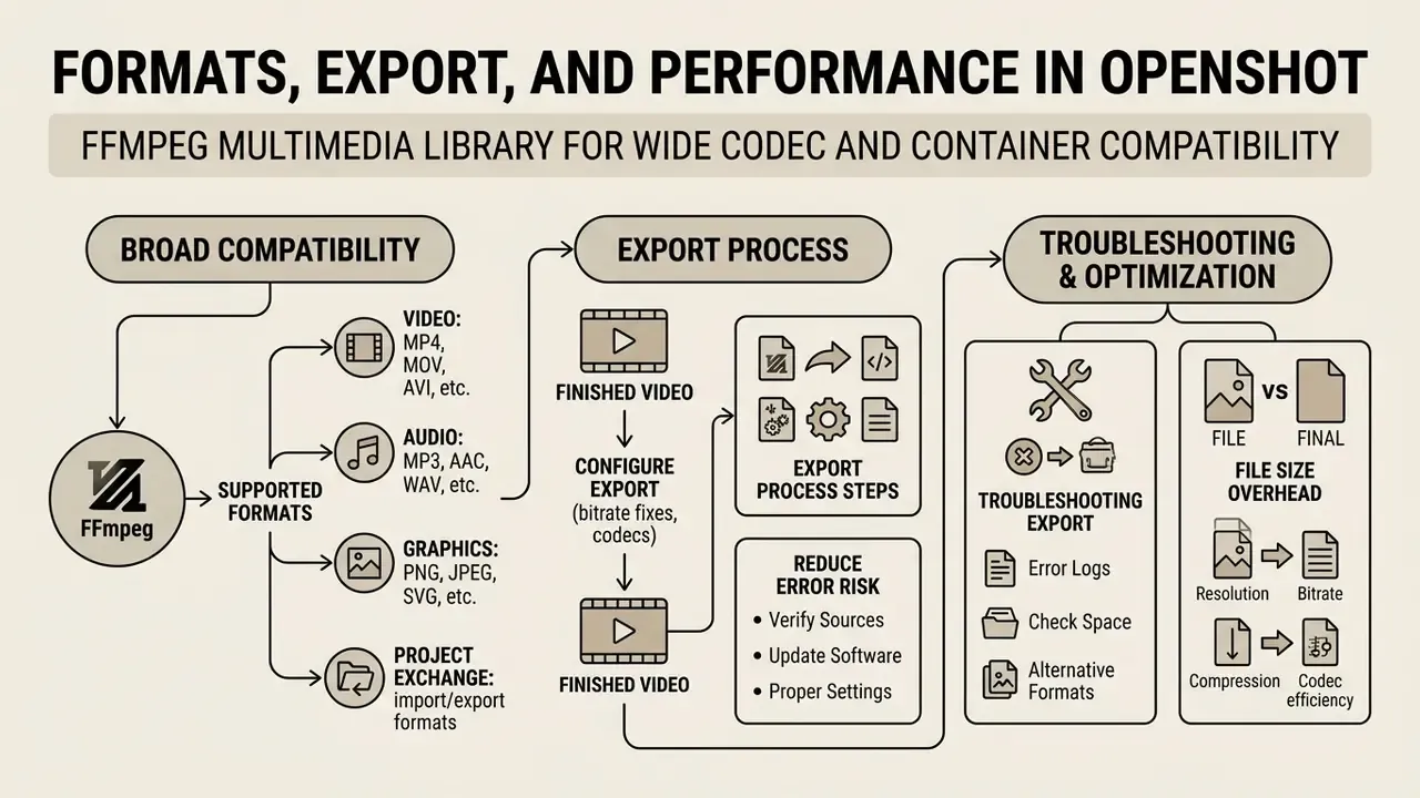 Diagram showing FFmpeg multimedia library integration, export workflows, and optimization techniques