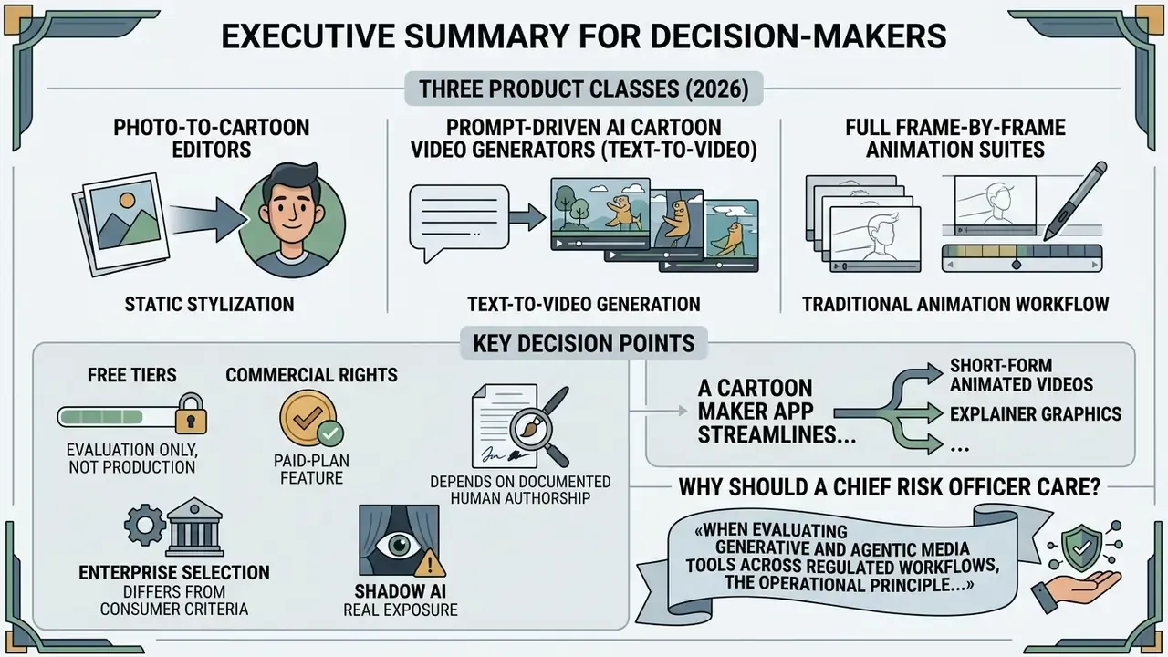Infographic comparing three cartoon maker app classes and key decision points for enterprise risk management