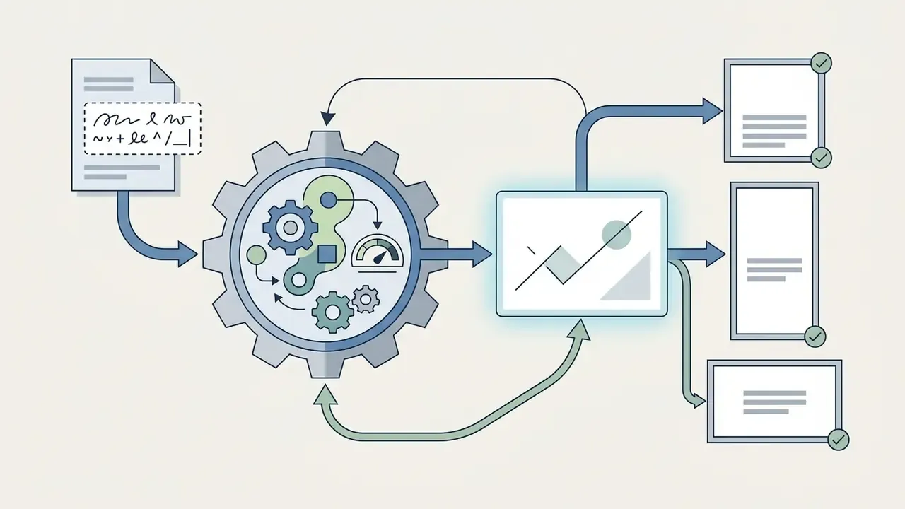 Text prompt document feeding into a gear mechanism to create visual assets for various screen aspect ratios