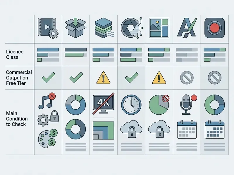 Table comparing software licensing, commercial usage rights, and key restrictions for video editors