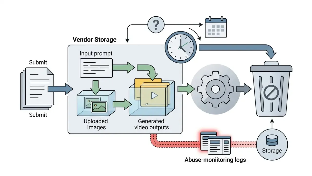 Diagram showing data flow from user submissions into vendor storage, retention timers, and deletion