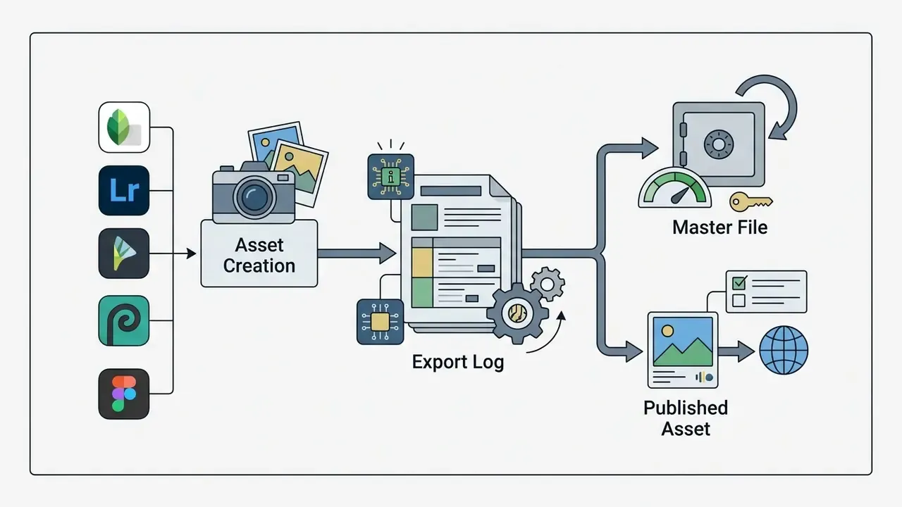 Workflow showing app asset creation leading to an export log that branches into master files and publishing