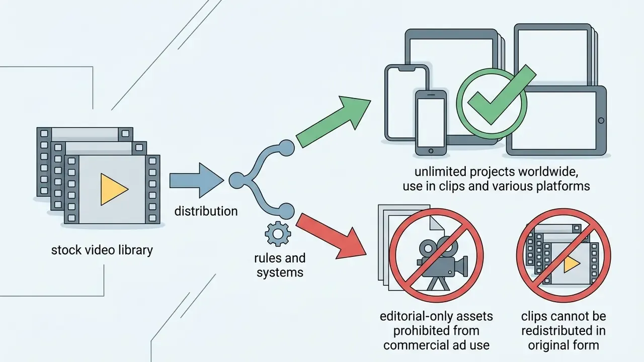 Stock video library assets flowing through rules to permitted projects or restricted commercial use