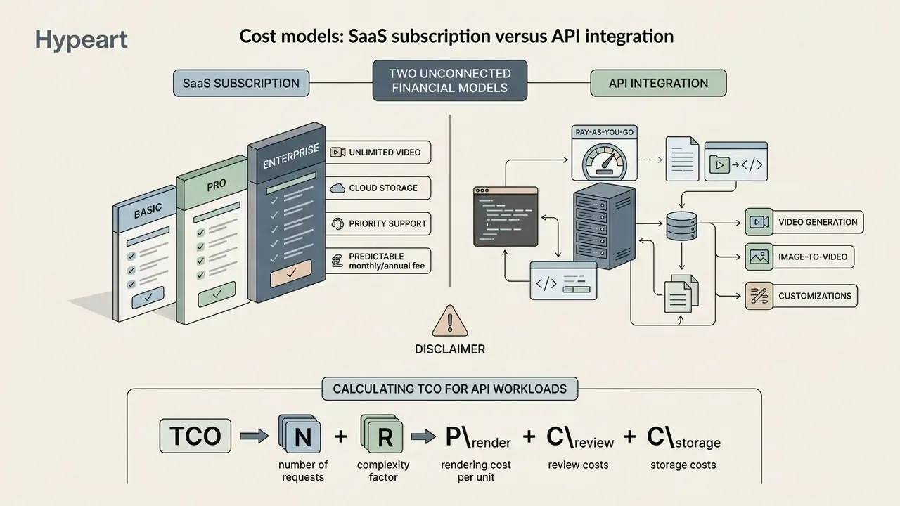 Comparison infographic contrasting SaaS subscription tiers with API integration and cost formulas