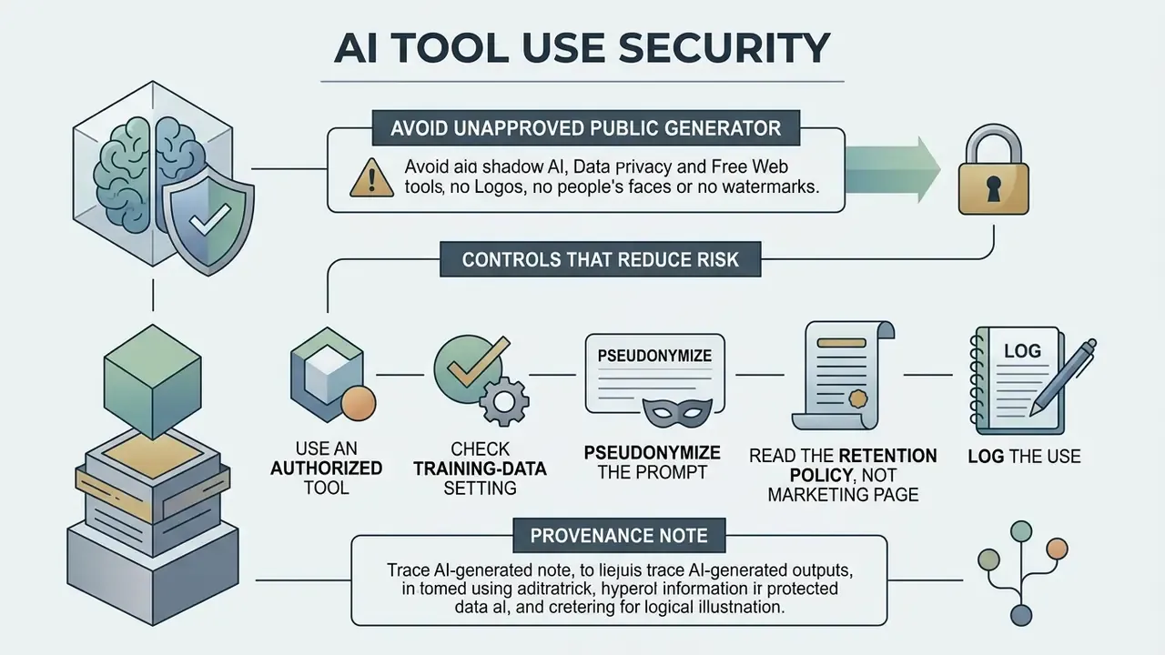 Flowchart outlining risk reduction steps for AI tool usage including data privacy and provenance tracking