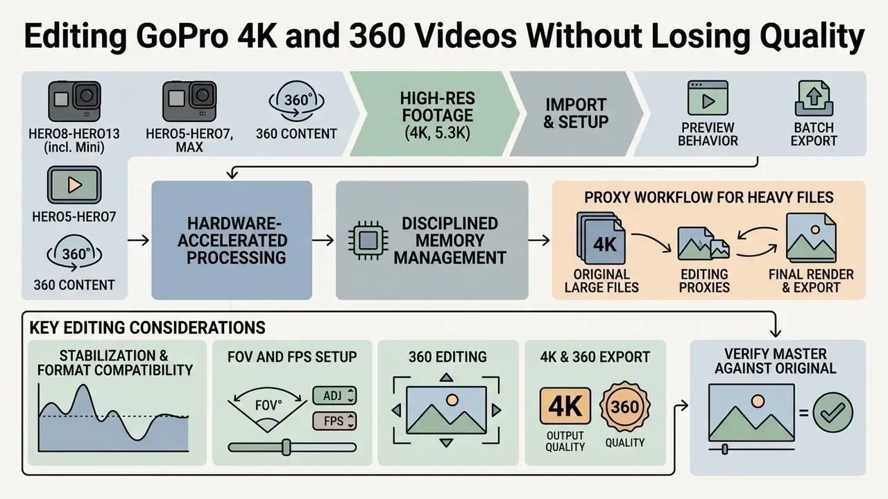 Infographic showing technical steps for processing high-resolution camera footage via proxy workflows