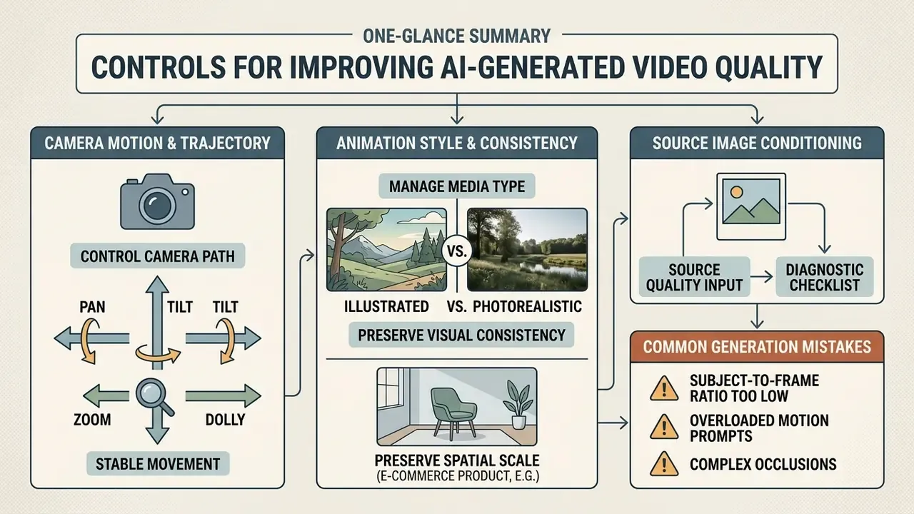 Diagram detailing camera motion, animation style, and source image conditioning for AI video quality