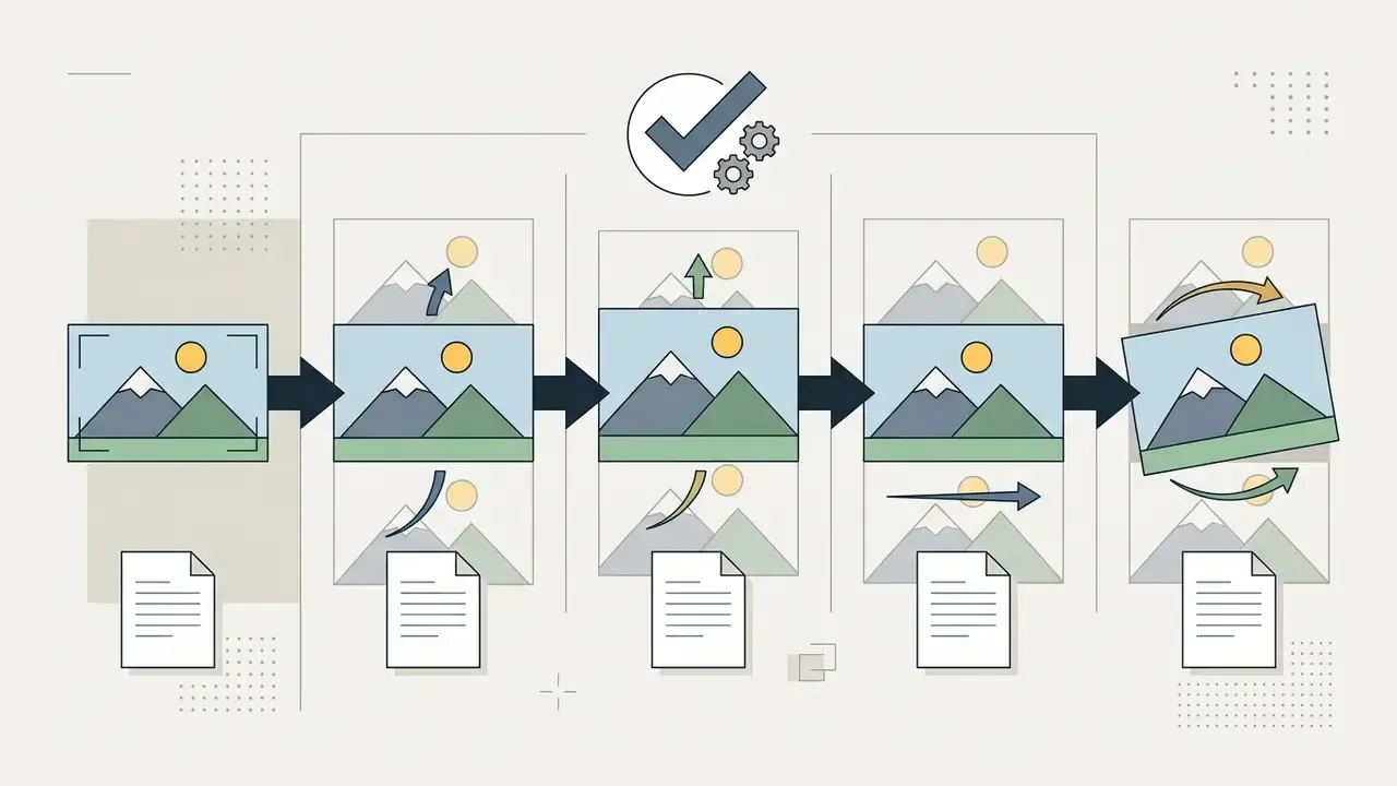 Sequential process showing documents feeding into iterative image edits with arrows indicating changes