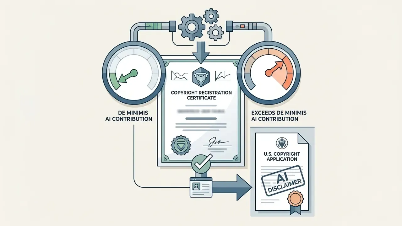 Gauges and gears processing a copyright certificate to determine if an AI disclaimer is required