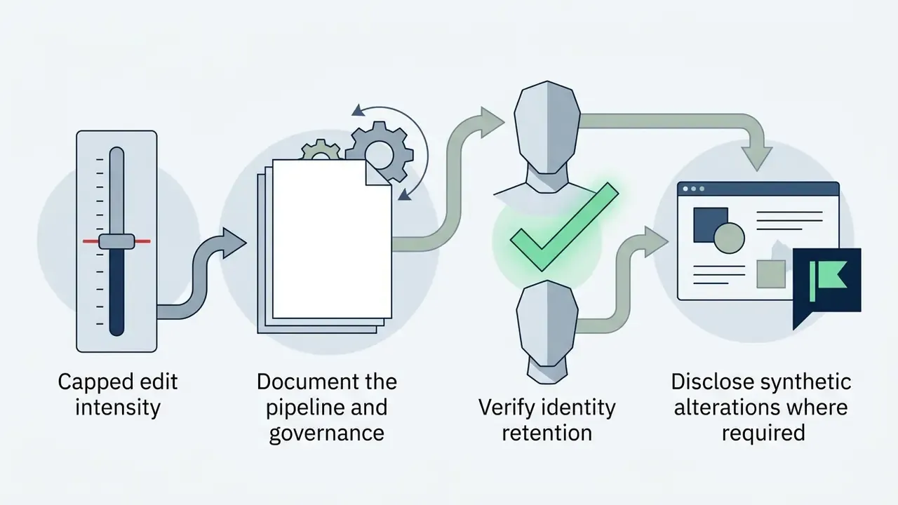 Sequence of slider, document, head, and disclosure icons representing a governance process for portrait editing