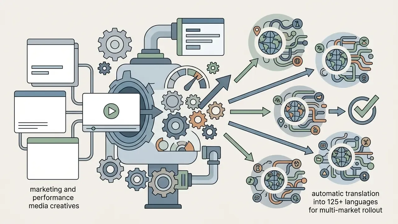 System processing marketing media through gears to distribute translated content across global markets