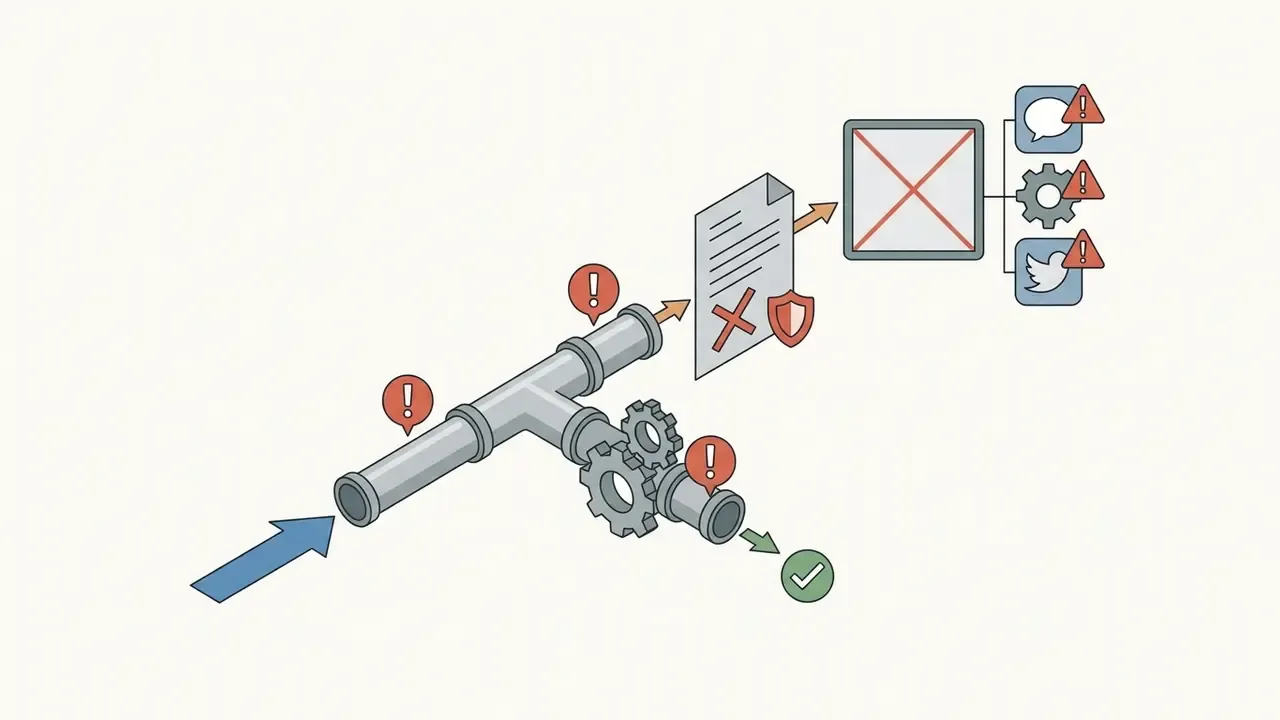 Pipe system with warning icons leading to a blocked document and social media icons with risk alerts