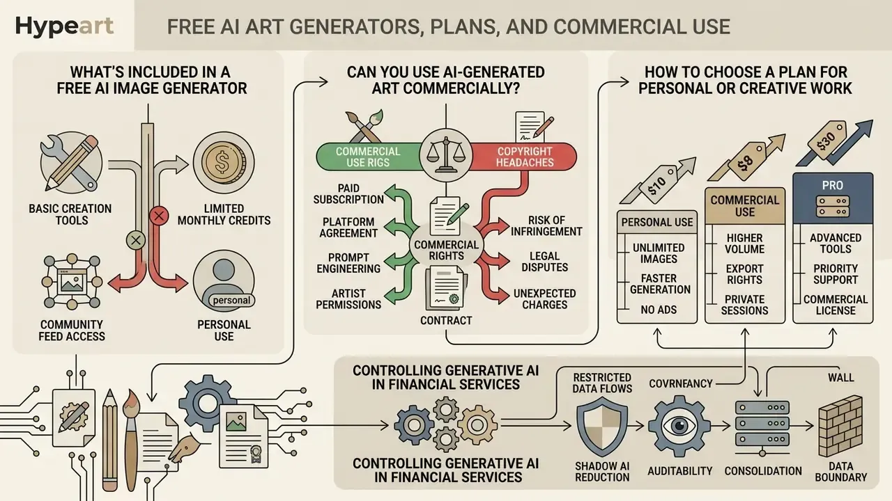 Infographic explaining commercial rights, pricing plans, and governance for AI art generator platforms