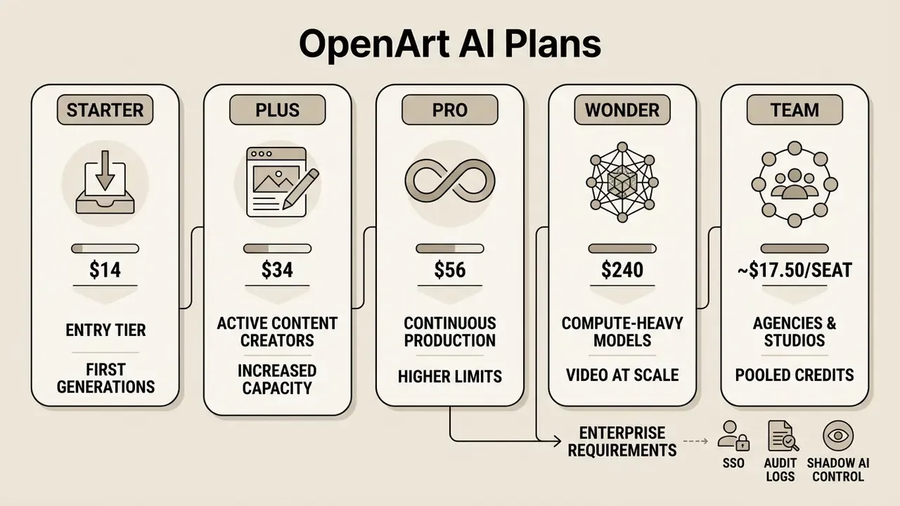Comparison chart of five OpenArt AI subscription tiers detailing pricing and target use cases