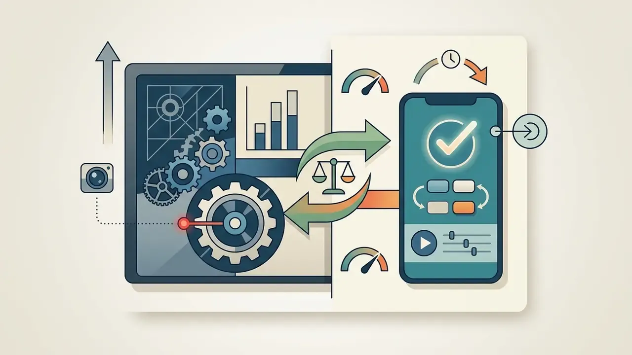 Tablet interface with gears and charts linked to a smartphone screen via a balance scale icon
