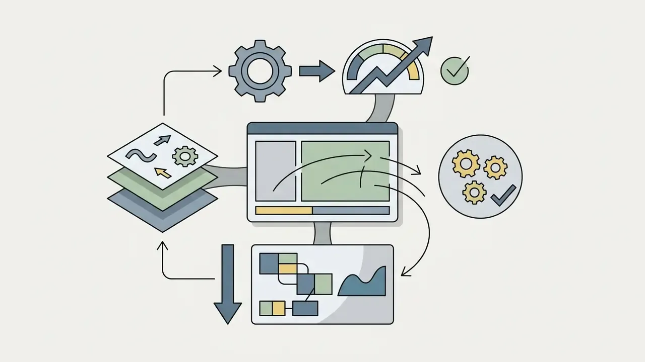 Diagram showing a video editing interface connected to layered assets, performance metrics, and workflows