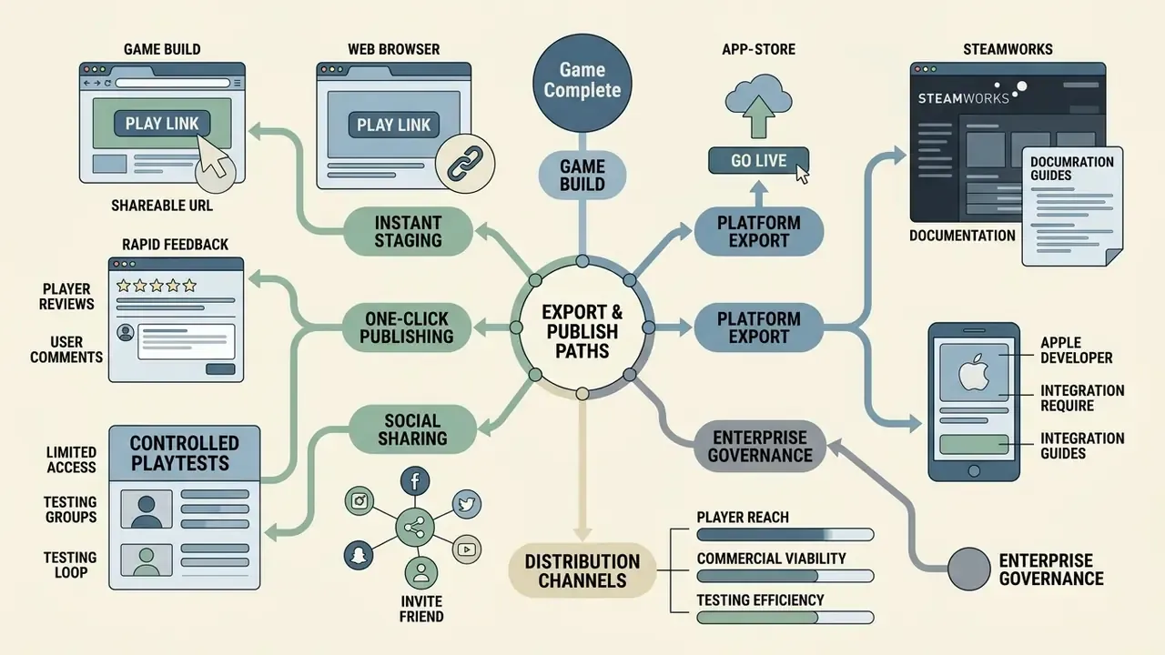 Central node mapping export and publishing paths to web links, social sharing, and storefront platforms