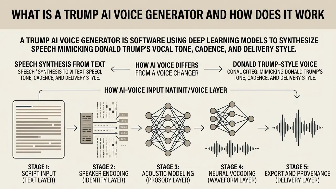 Infographic showing the five stages of processing text input into a synthesized AI voice output