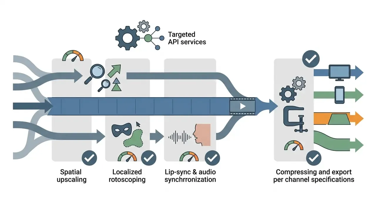 Workflow steps for spatial upscaling, rotoscoping, and audio sync using targeted API services