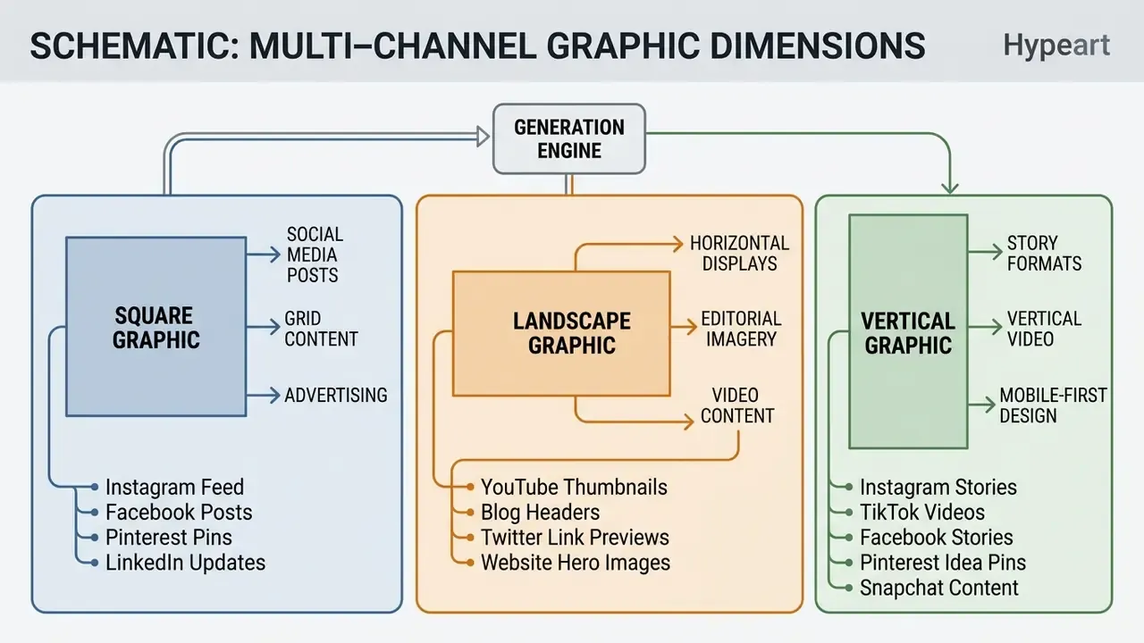 Diagram mapping square, landscape, and vertical graphic aspect ratios to specific social media platforms