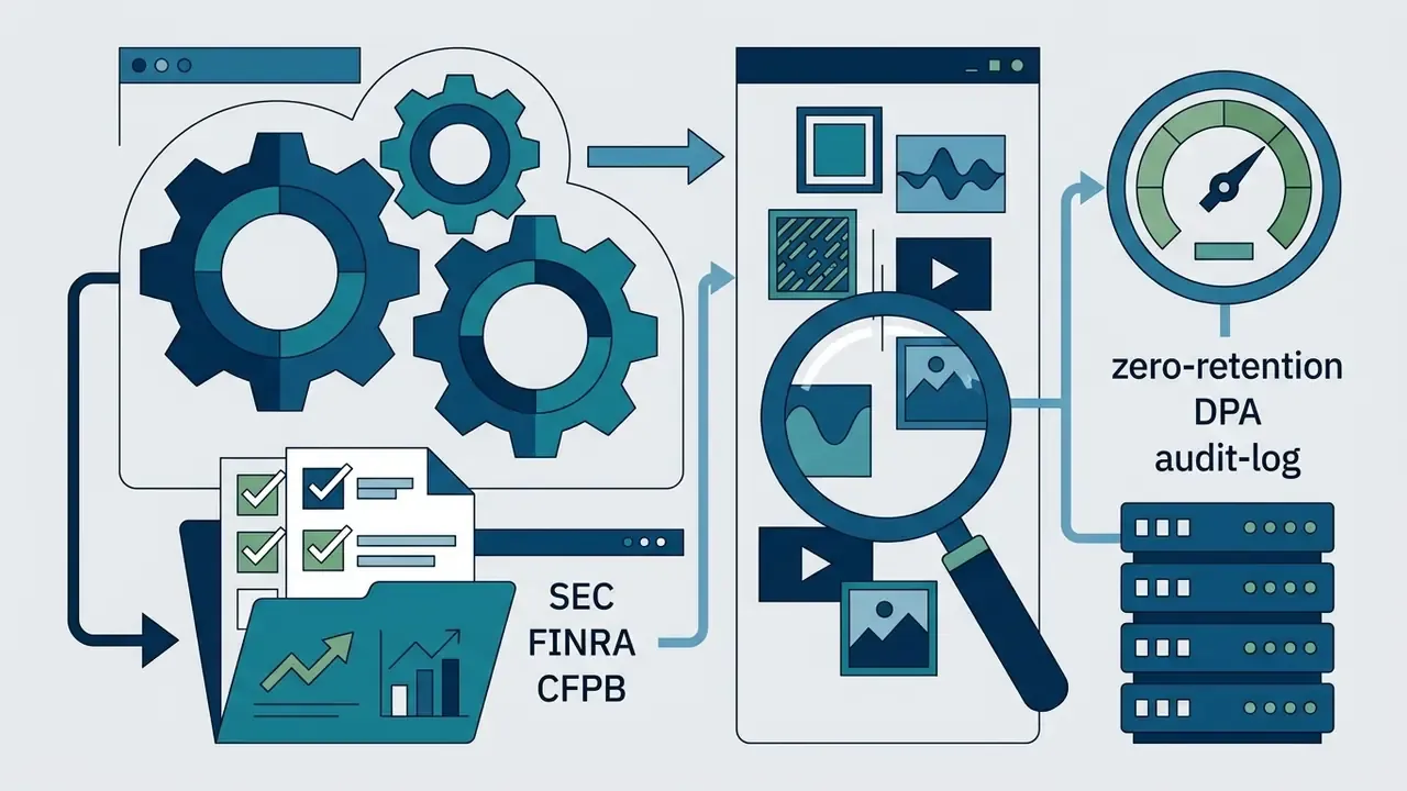 Gears and compliance folders feeding into a magnifying glass interface to monitor data retention logs