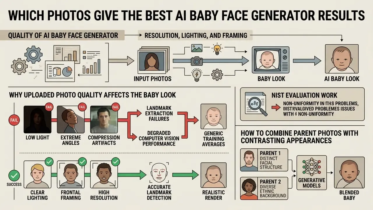 Flowchart comparing successful and failed input photo conditions for synthetic child portrait generation