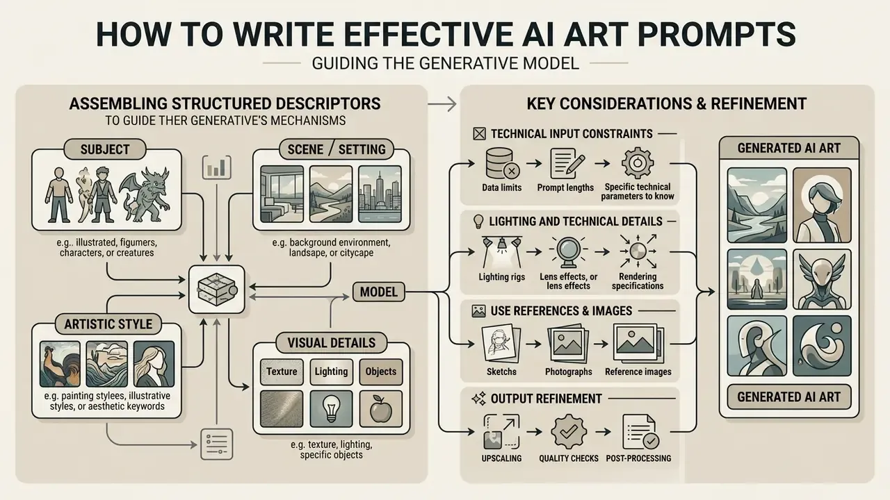 Infographic detailing how to structure prompts by combining subjects, styles, and technical parameters