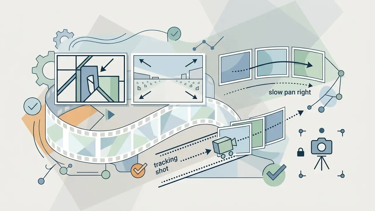 Film strip showing various visual framing techniques and camera movement paths with icons