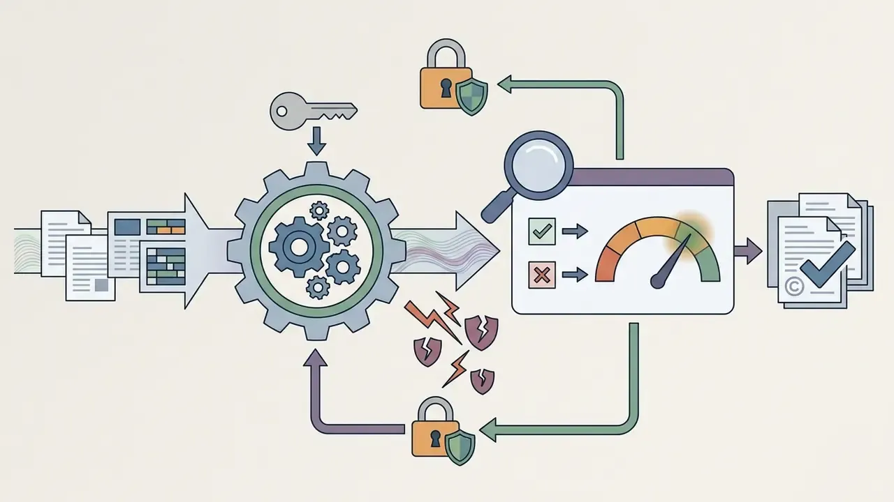Process flow showing key-based signal embedding, verification via a confidence gauge, and security feedback
