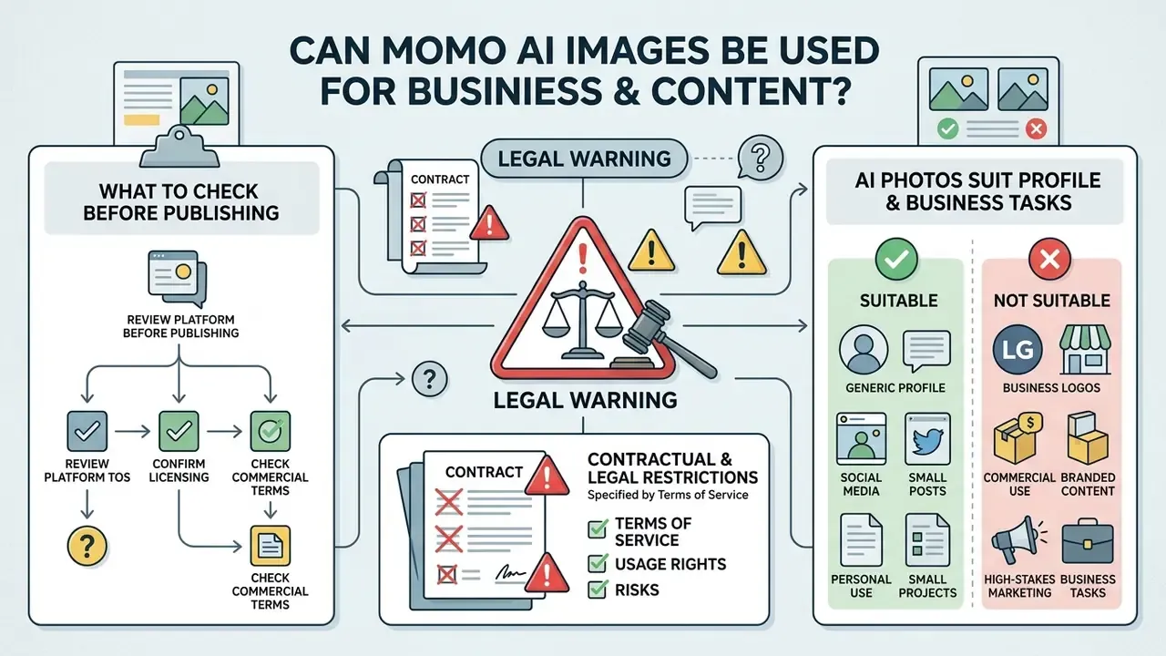 Diagram detailing legal warnings and usage suitability for AI generated content in business contexts