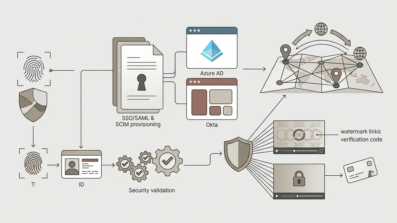 Flowchart connecting identity authentication and SSO providers to secure video access and global distribution