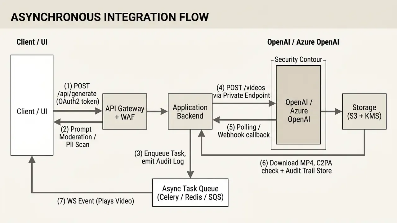 Diagram showing the asynchronous request and processing steps for a Sora AI video generator integration