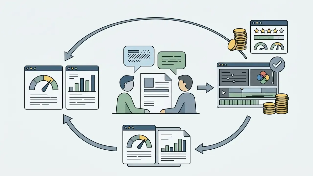 People discussing documents connected to video editing software and performance review dashboards