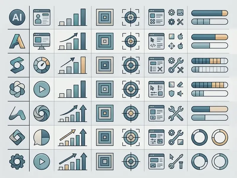 Grid layout showing icons for various software tools with performance metrics and feature indicators