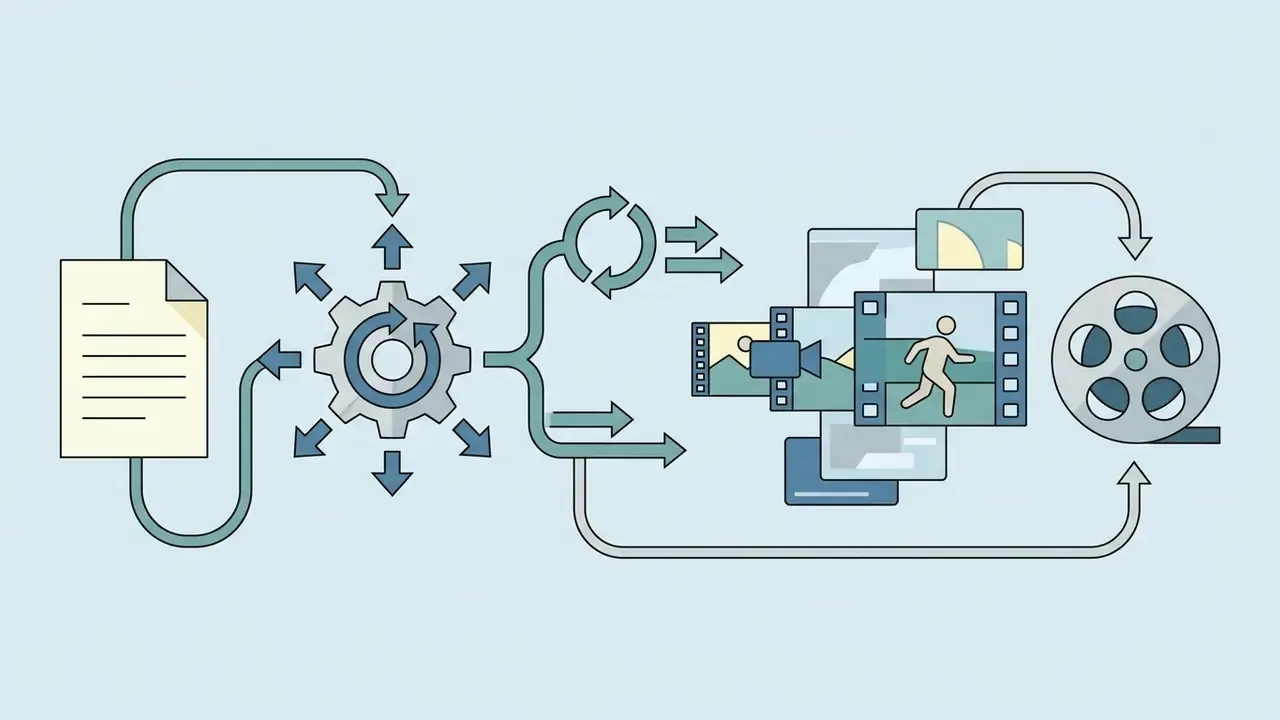 Document text flowing through a central gear processor into a sequence of animated film frames