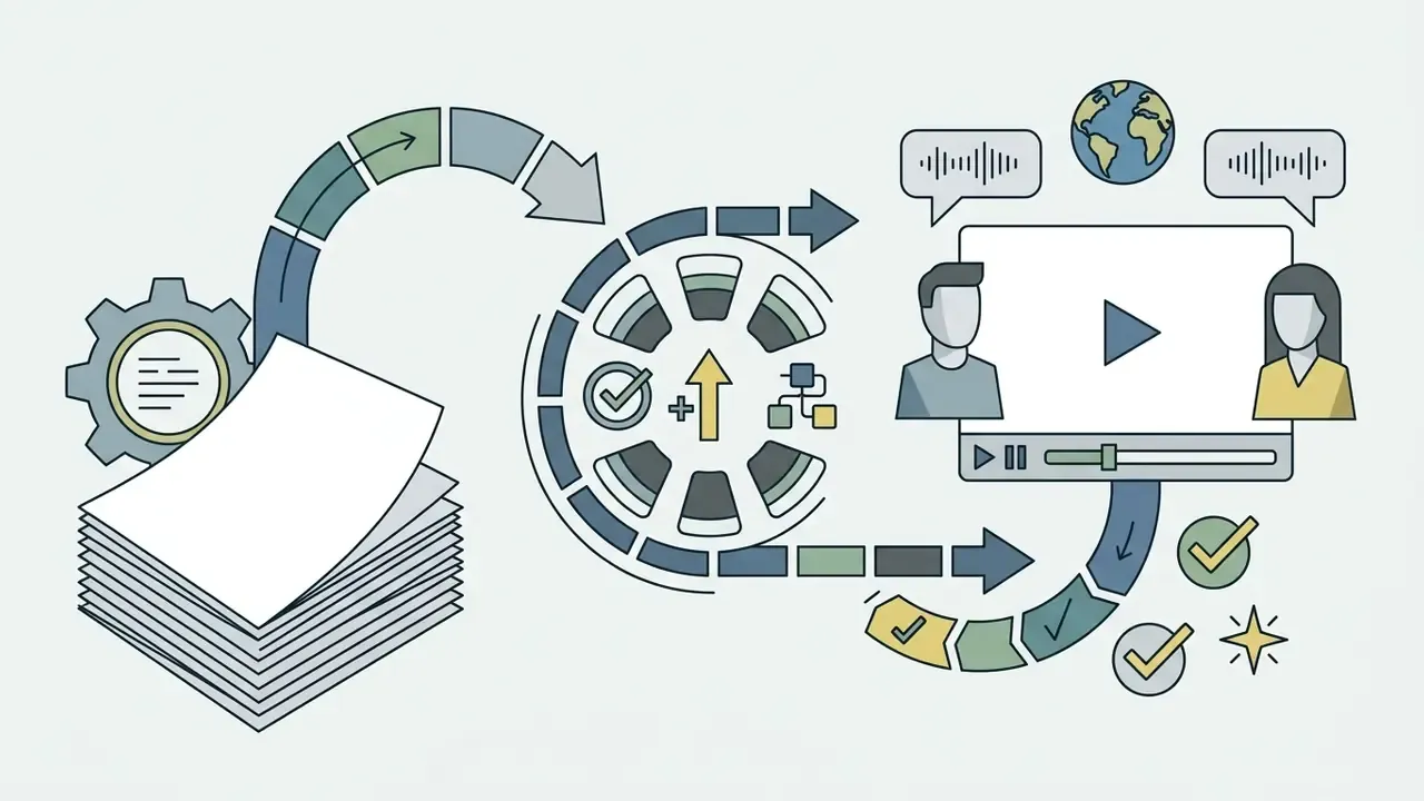 Stack of documents transforming into a video player featuring avatars with globe and audio icons